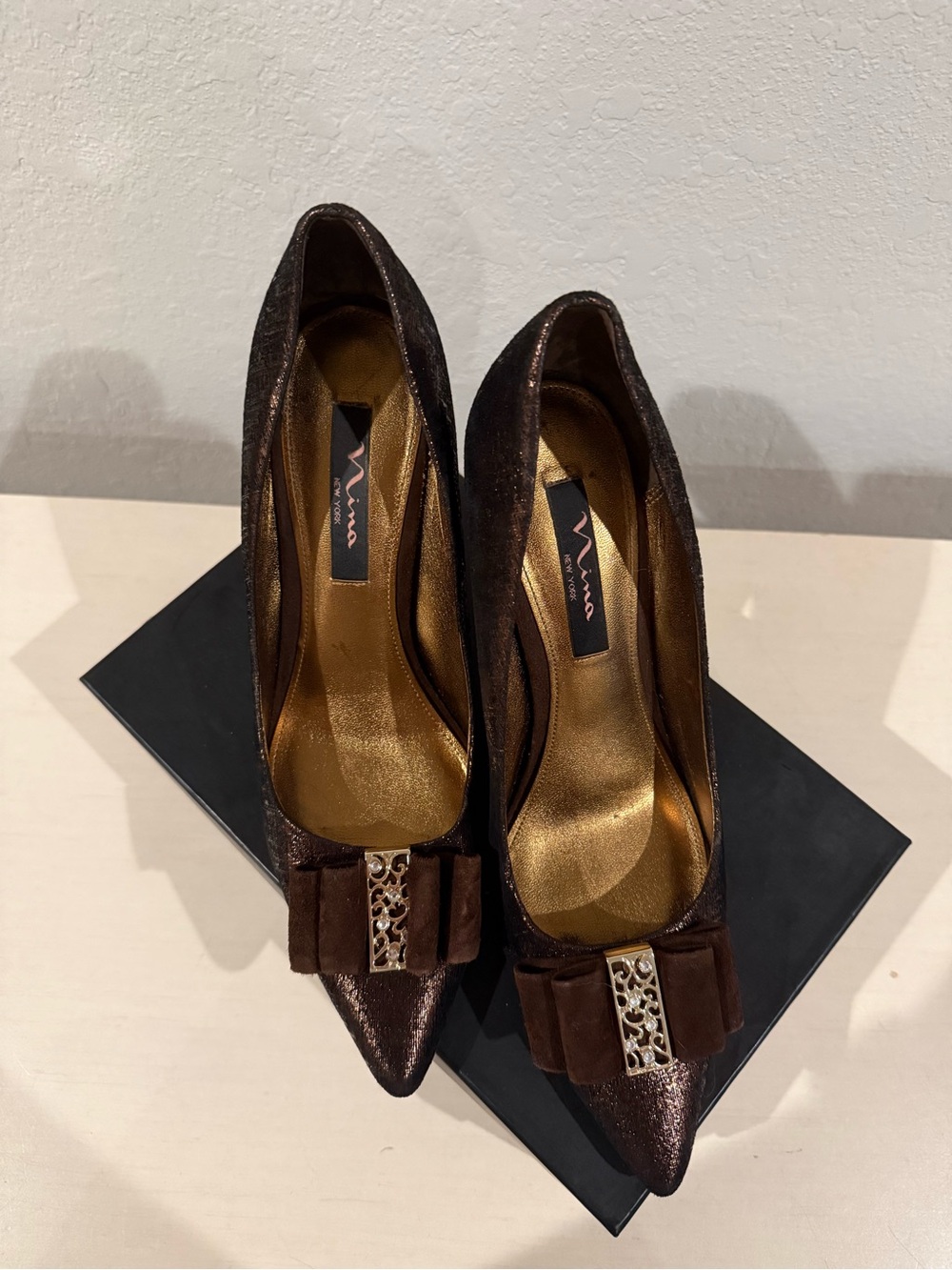 Nina Bronze Pointed Toe Pumps with Bow and Filigree Accent